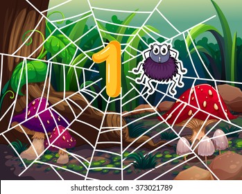 Number one and one spider on web illustration