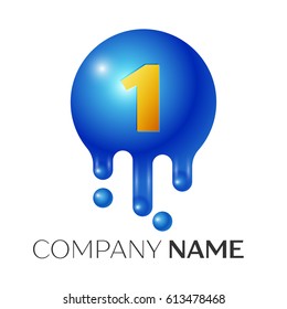 Number one splash logo. Blue dots and bubbles number design on grey background. Vector Illustration