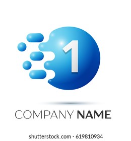 Number one splash logo. Blue dots and bubbles number design on grey background. Vector Illustration