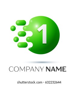 Number one splash logo. Green dots and bubbles number design on grey background. Vector Illustration