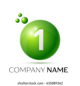 Number one splash logo. Green dots and bubbles number design on grey background. Vector Illustration