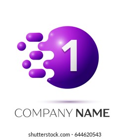 Number one splash logo. Purple dots and bubbles number design on grey background. Vector Illustration