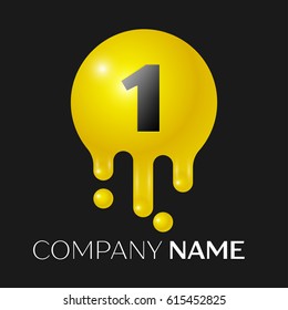 Number one splash logo. Yellow dots and bubbles number design on grey background. Vector Illustration