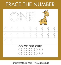 Number one stroke worksheet with animals  giraffes for fine motor skills kids. Educational game for preschoolers.