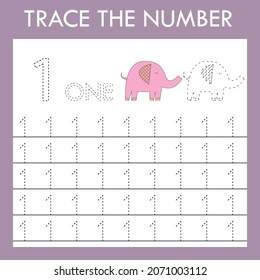 Number one   stroke worksheet with animals elephants  for fine motor skills kids. Educational game for preschoolers.