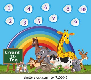 Number one to ten with blue sky and colorful rainbow background illustration
