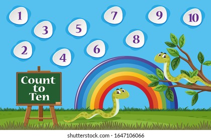 Number one to ten with blue sky and colorful rainbow background illustration