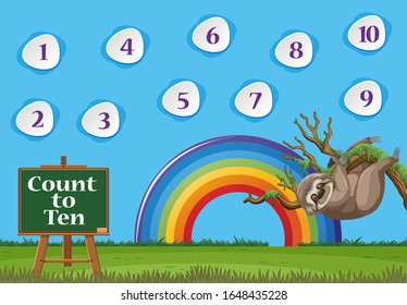 Number one to ten with blue sky and colorful rainbow background illustration