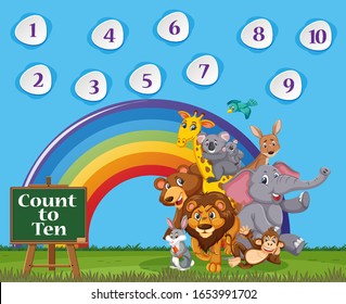 Number one to ten with blue sky and colorful rainbow background illustration