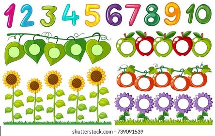 Number one to ten with leaves and flowers frames illustration