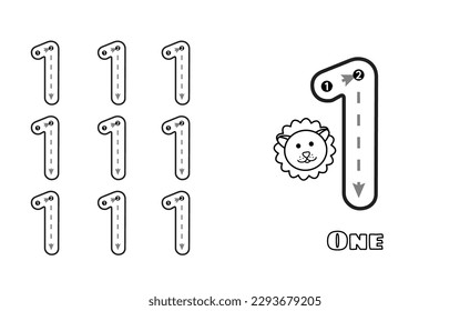 Number One trace practice worksheet for prek kids and toddlers. Handwriting preschool kindergarten tracing vector illustration