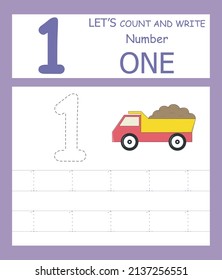 Number one tracing practice worksheet with 1 dump truck for kids learning to count and to write. Vector Illustration , Trace the number