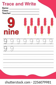 Number one tracing practice worksheet with nine ice cream sticks for kids learning to count and to write. Vector Illustration. Exercise for children to recognize the number.