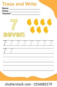 Number one tracing practice worksheet with seven mango ice cream sticks for kids learning to count and to write. Vector Illustration. Exercise for children to recognize the number.