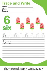 Hoja de trabajo de práctica de seguimiento número uno con seis palos de helado de fresa para niños que aprenden a contar y escribir. Ilustración vectorial. Ejercicio para que los niños reconozcan el número.