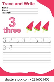 Number one tracing practice worksheet with three watermelon ice cream sticks for kids learning to count and to write. Vector Illustration. Exercise for children to recognize the number.