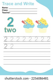 Number one tracing practice worksheet with two ice creams for kids learning to count and to write. Vector Illustration. Exercise for children to recognize the number.