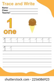 Number one tracing practice worksheet with one chocolate ice cream cone for kids learning to count and to write. Vector Illustration. Exercise for children to recognize the number.