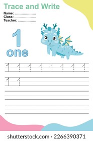 Number one tracing practice worksheet with one baby dragon standing and smiling for kids learning to count and to write. Vector Illustration. Exercise for children to recognize the number.