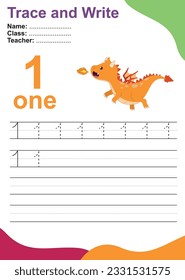 Number one tracing practice worksheet with one orange dragon for kids learning to count and to write. Vector Illustration. Exercise for children to recognize the number.