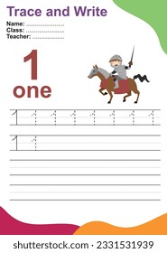Nummer eins Tracing Arbeitsblatt mit einem Ritter reiten ein Pferd für Kinder zu zählen und zu schreiben lernen. Vektorgrafik. Üben Sie Kinder aus, um die Nummer zu erkennen.