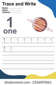 Number one tracing practice worksheet with one planet Saturn. Page for kids learning to count and to write. Vector Illustration. Exercise for children to recognize the number.