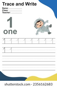 Number one tracing practice worksheet with one astronaut kid. Page for kids learning to count and to write. Vector Illustration. Exercise for children to recognize the number.
