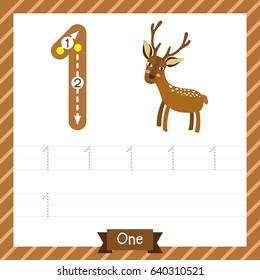 Number one tracing practice worksheet with 1 deer for kids learning to count and to write. Vector Illustration.