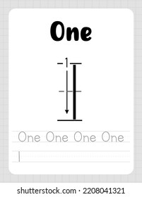 Number One. Tracing Worksheet for kids. Learn how to write numbers for Preschool Kids. Practicing motor skills for kids. Flat vector illustration for printing.