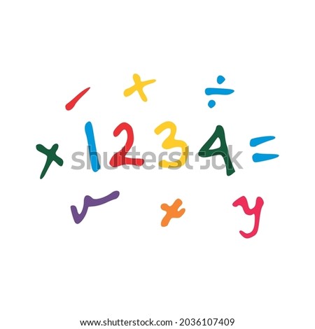Number one, two, three and four with colorful designs. Addition, multiplication, division, and subtraction clip art symbols. Collection of math elements for school education background.