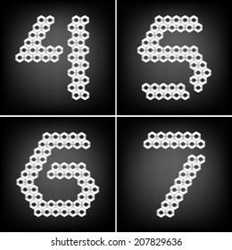 Number of one, two, three and zero, made with metal nuts. Vector illustration, first part of set.