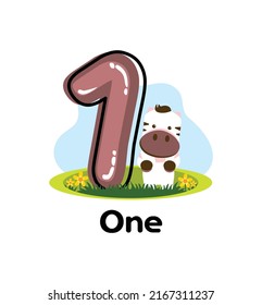 Number one typography design with cartoon style. Vector illustration of Number of 1, with wild animal clipart using kindergarten maths page.