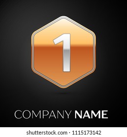 Number One vector logo symbol in the golden hexagonal on black background. Vector template for your design