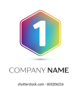 Number one vector logo symbol in the colorful hexagonal on grey background. Vector template for your design