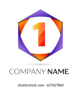 Number one vector logo symbol in the colorful hexagonal on grey background. Vector template for your design