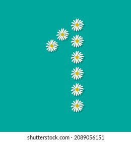 Number one from white chamomile flowers. Festive font or decoration for spring or summer holiday and design. Vector flat illustration