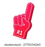 Number one winner 3d fan glove, foam red hand with raised index finger and 1 symbol. Vector cheer hand sign for sport competition victory celebration. isolated icon for event promotion and fan support