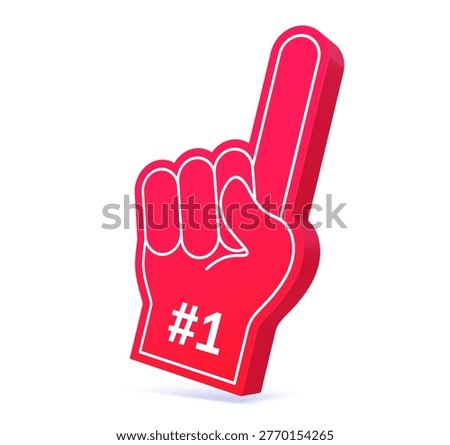 Number one winner 3d fan glove, foam red hand with raised index finger and 1 symbol. Vector cheer hand sign for sport competition victory celebration. isolated icon for event promotion and fan support