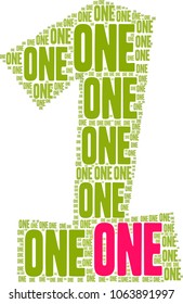 Number one word cloud on a white background. Shaped like the number one.