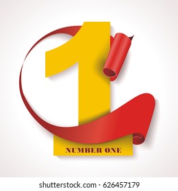 Number one, yellow numeric with red rolled ribbon, vector illustration.