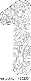 Number One Zentangle Coloring Page, An intricate black and white illustration of the number 1, filled with detailed floral and abstract patterns in a zentangle or mandala style, perfect for a