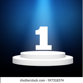 number one.podium on a blue background.lit white scene.the podium of winners.vector illustration.spotlight.