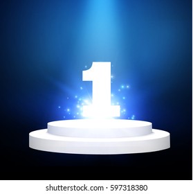 number one.podium on a blue background.lit white scene.the podium of winners.vector illustration.spotlight.