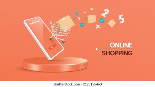 Number of orders and parcels floated from the shopping cart on the white smartphone screen and all floating above the round podium,vector 3d isolated on pastel orange background for online shopping