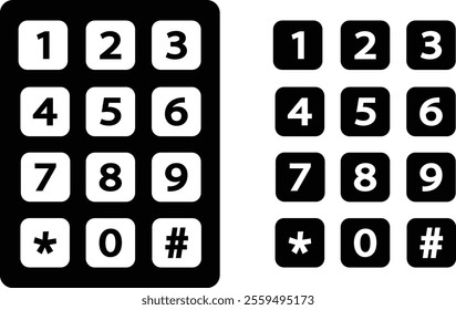 Number pad icons set. Smartphone dial keypad design. Mobile phone numbers panel with numbers and letters. Dial buttons user interface display design vector isolated on transparent background.