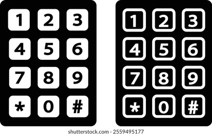 Number pad icons set. Smartphone dial keypad design. Mobile phone numbers panel with numbers and letters. Dial buttons user interface display design vector isolated on transparent background.