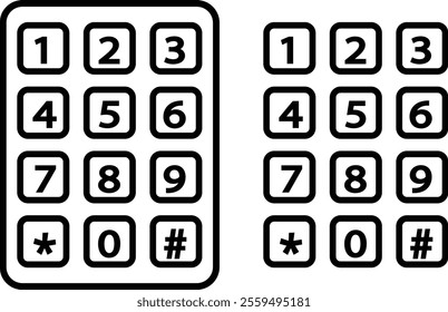 Number pad icons set. Smartphone dial keypad design. Mobile phone numbers panel with numbers and letters. Dial buttons user interface display design vector isolated on transparent background.