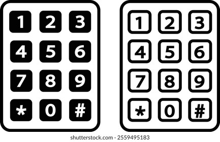 Number pad icons set. Smartphone dial keypad design. Mobile phone numbers panel with numbers and letters. Dial buttons user interface display design vector isolated on transparent background.
