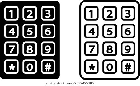 Number pad icons set. Smartphone dial keypad design. Mobile phone numbers panel with numbers and letters. Dial buttons user interface display design vector isolated on transparent background.
