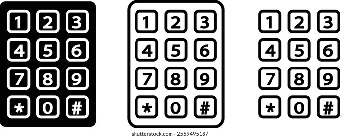 Number pad icons set. Smartphone dial keypad design. Mobile phone numbers panel with numbers and letters. Dial buttons user interface display design vector isolated on transparent background.